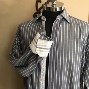 Robert Graham Men's Gray/blue Stripes Flip Cuff Cotton Casual Shirt XXL 2XL